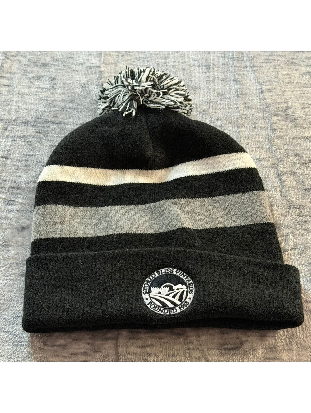 The Game Stored Bliss Vinyards Beanie Pom Pom Black White Gray Striped Knit Cap